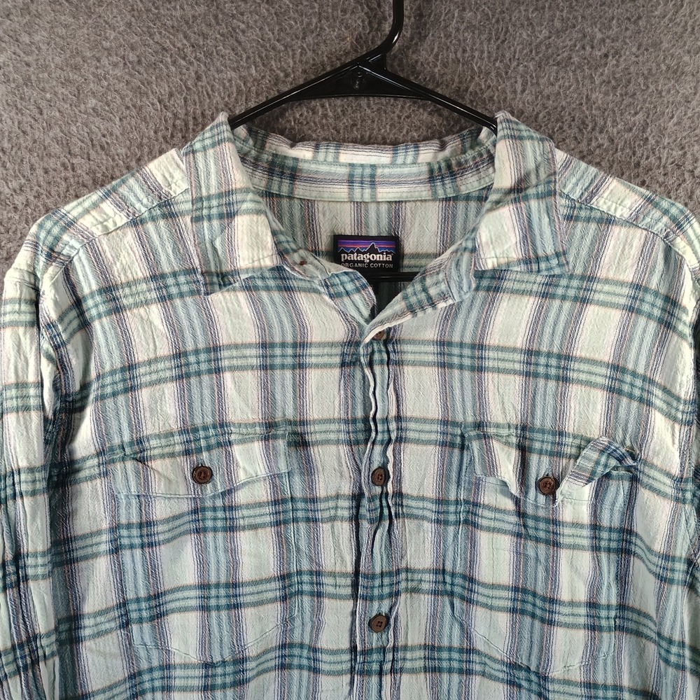 Patagonia Long Sleeved Flannel Men L Plaid Organic Cotton Greens And Blues - Picture 2 of 11